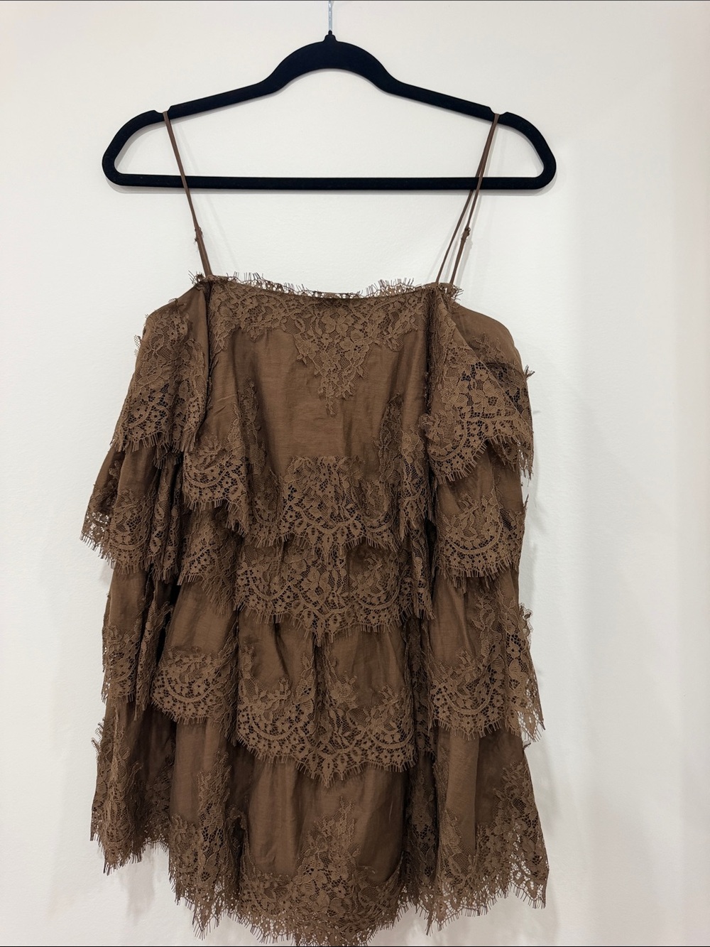 H&M Brown Lace Tiered Off-Shoulder Mini Dress